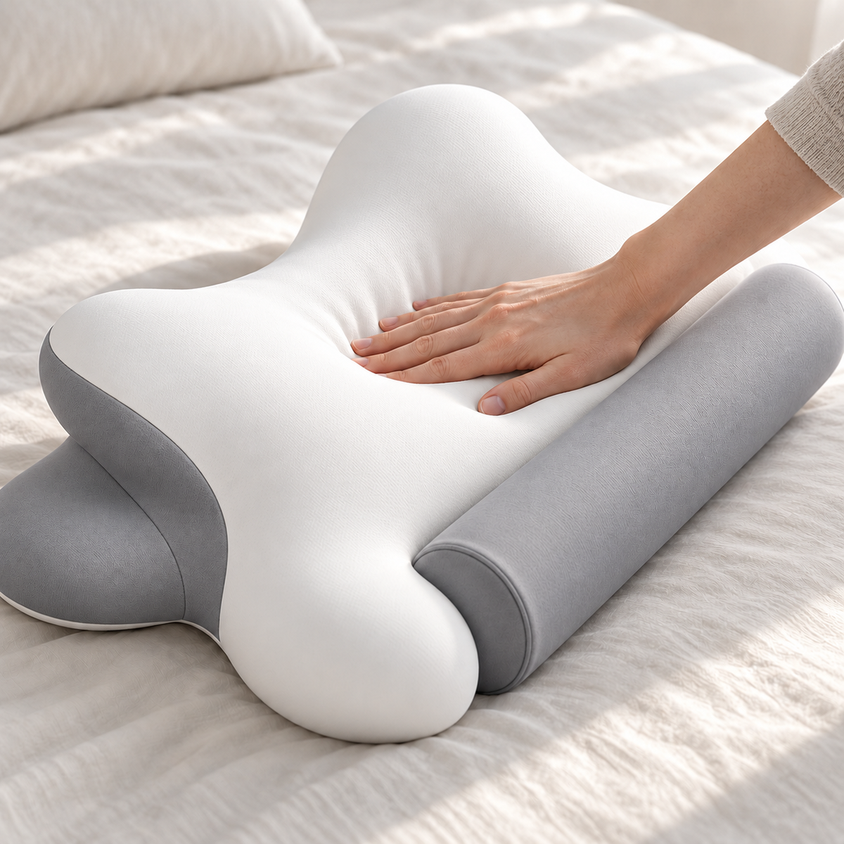 Nekko Align pillow in Dusk Gray, hand compression macro