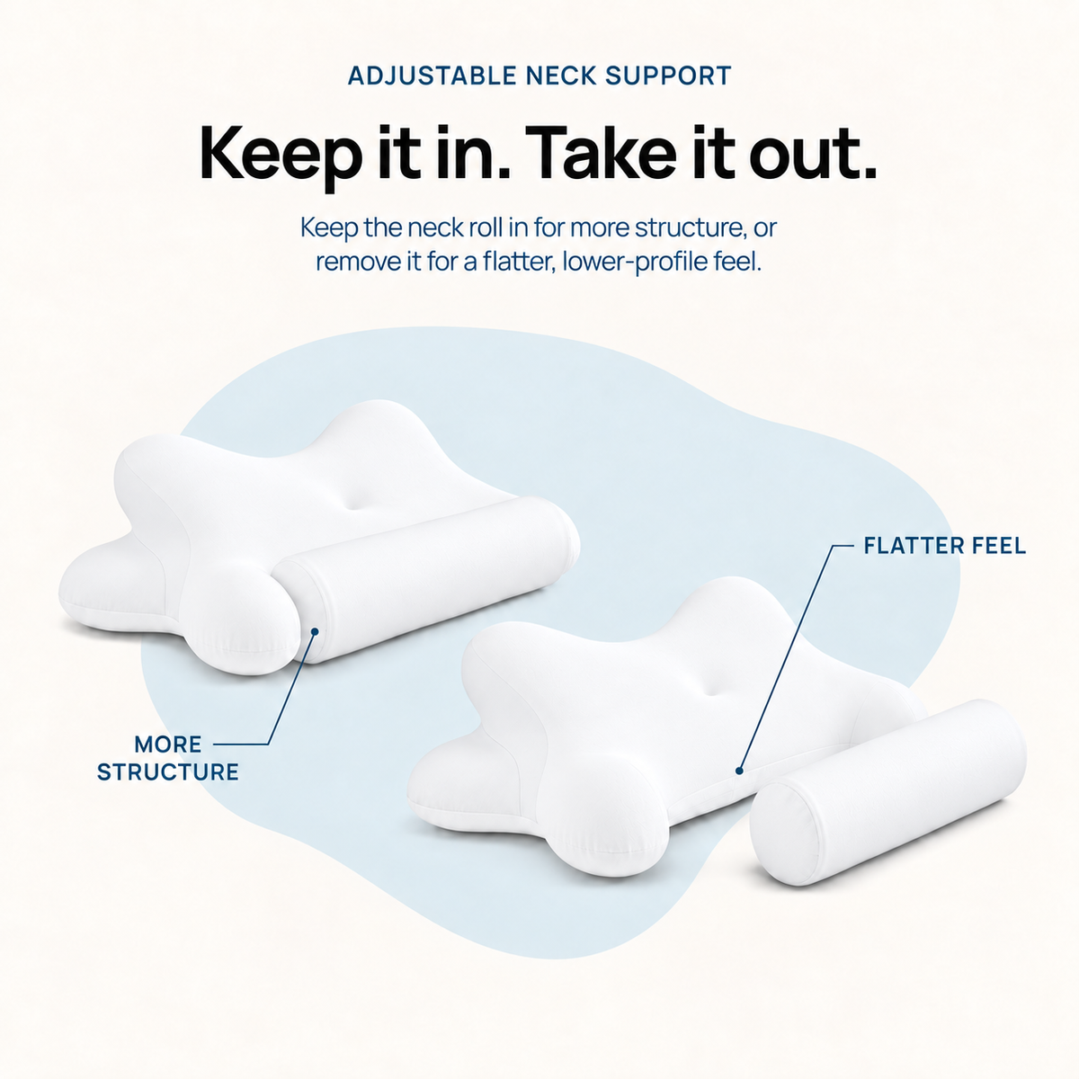 Nekko Align pillow in Cloud White, adjustable roll detail