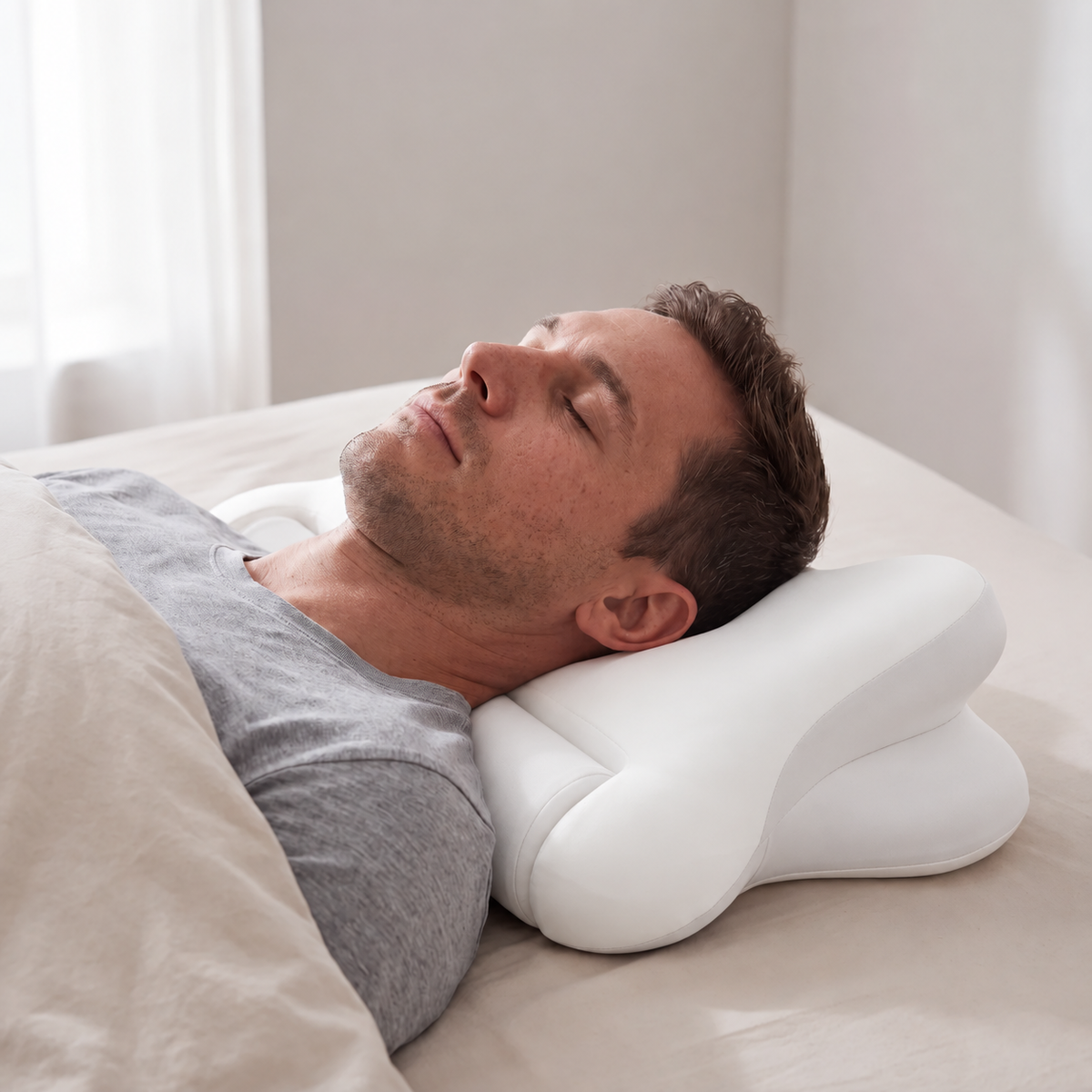 Nekko Align pillow in Cloud White, back-sleeper lifestyle
